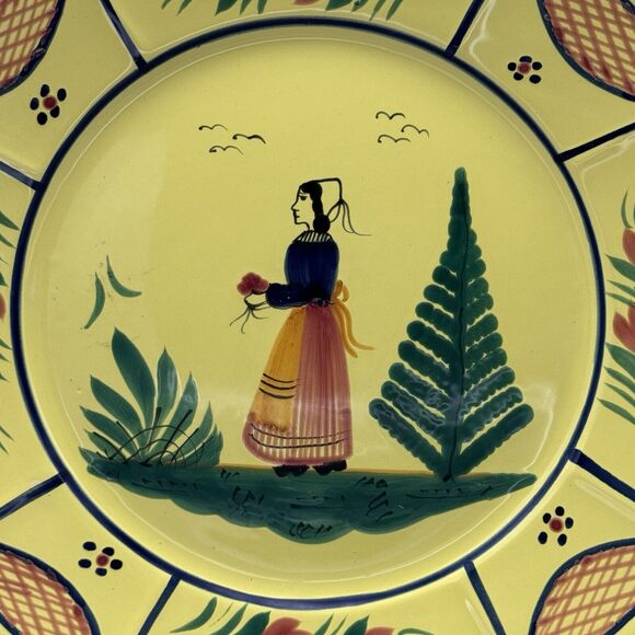 HB Henriot Quimper SOLEIL YELLOW Breton Woman Octagonal 10 1/4" Dinner Plate - Picture 2 of 8